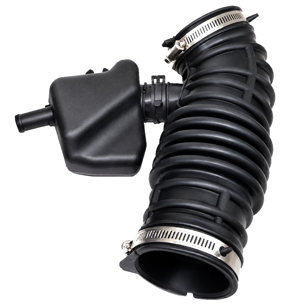 Intake hose structure: moulded connector, reinforcing ribs and clamp seat