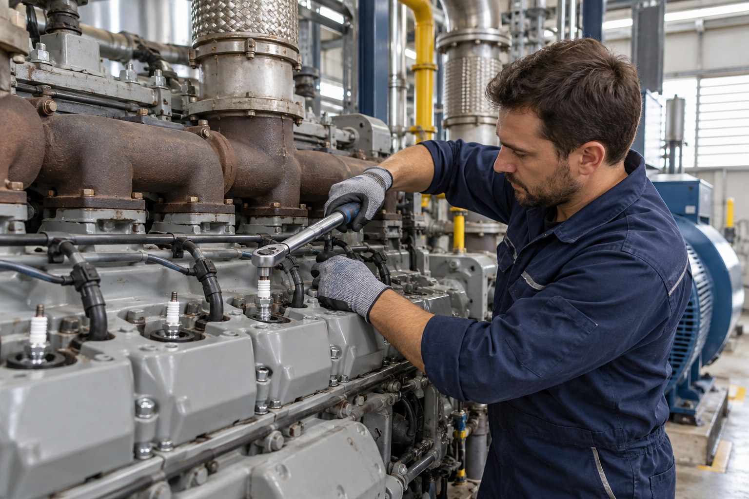 Technician installing an industrial spark plug in a gas engine with a torque wrench