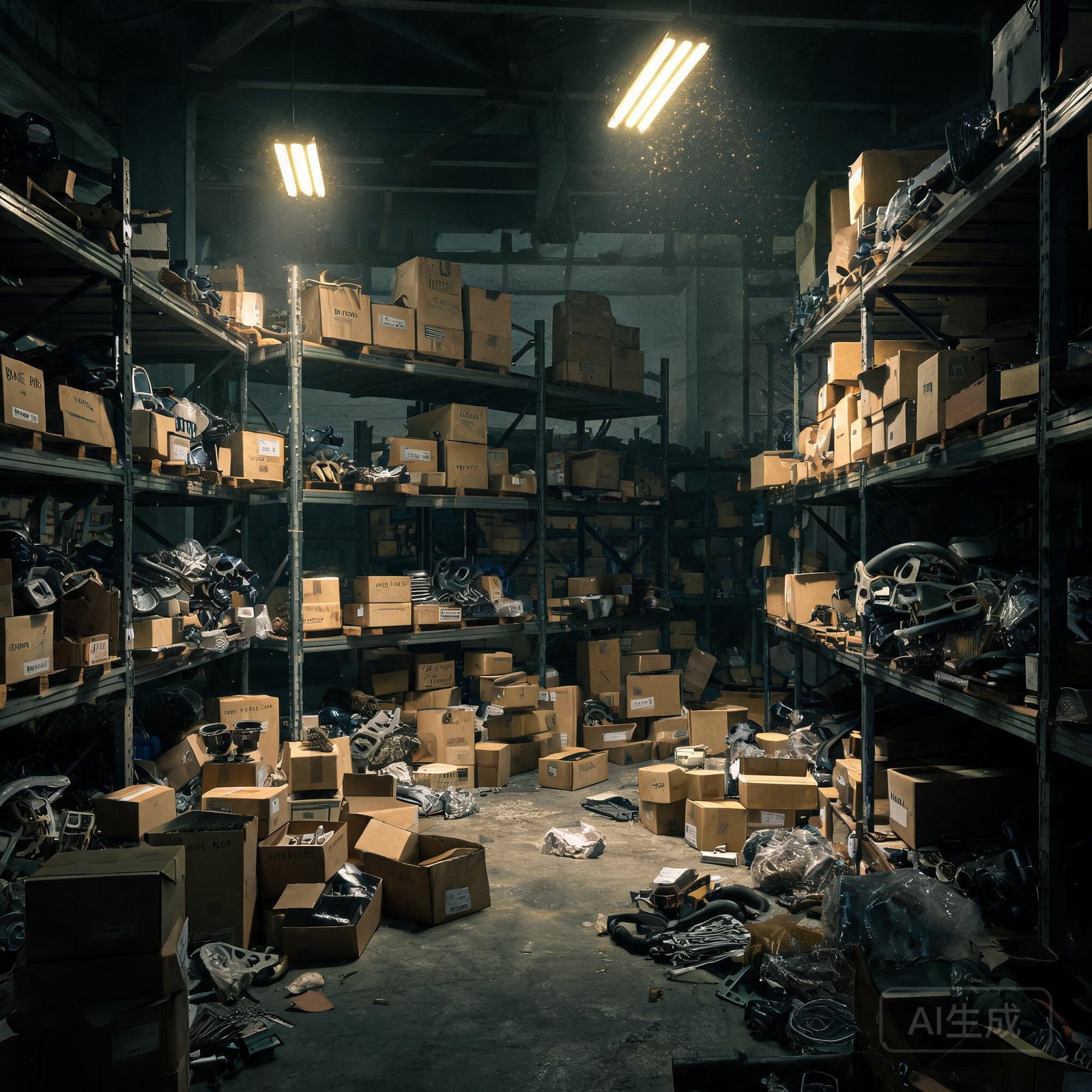 Disorganized traditional manual packaging warehouse with mixed color boxes that look nearly identical across vehicle models