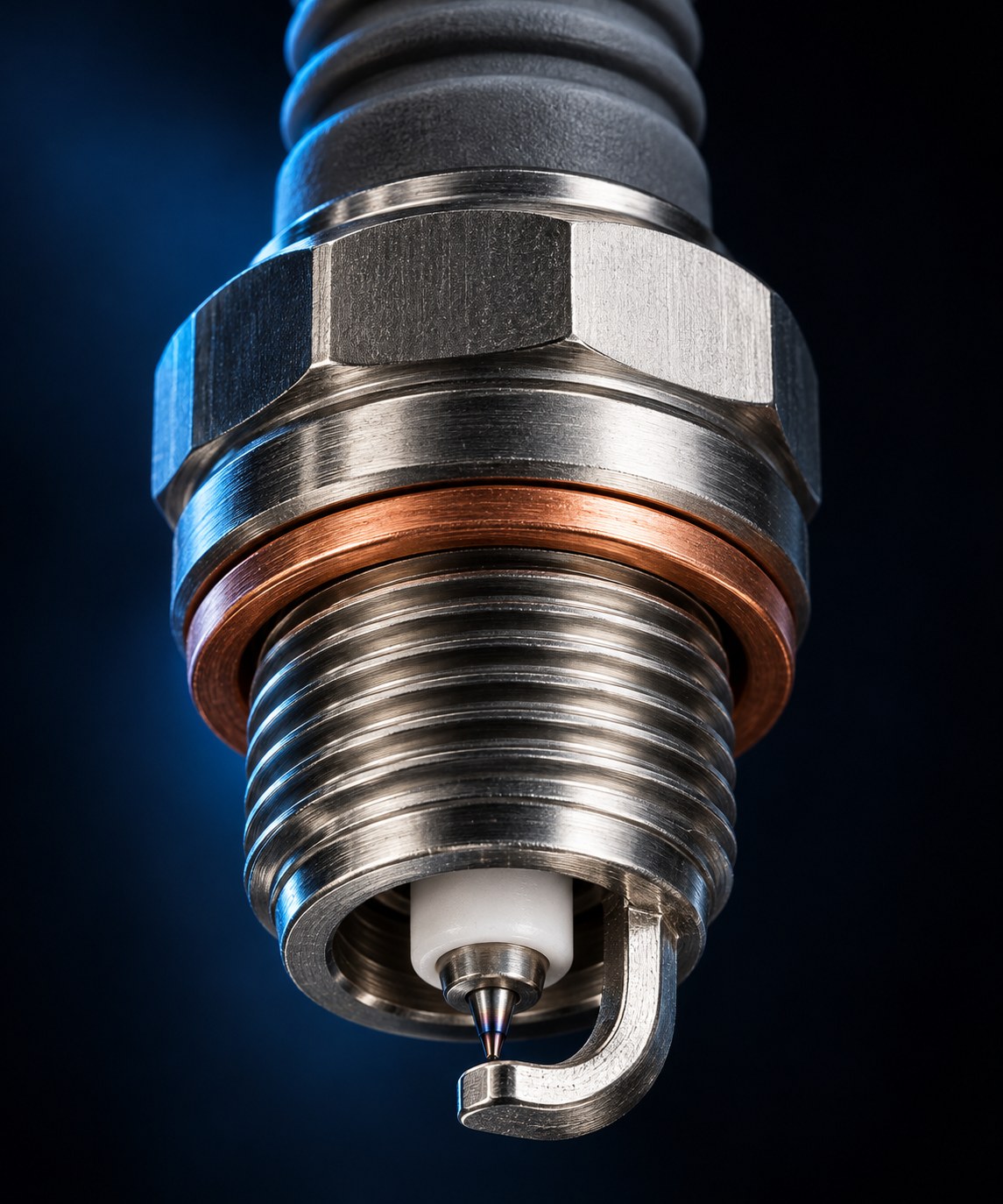 Macro close-up of an iridium and platinum industrial spark plug electrode